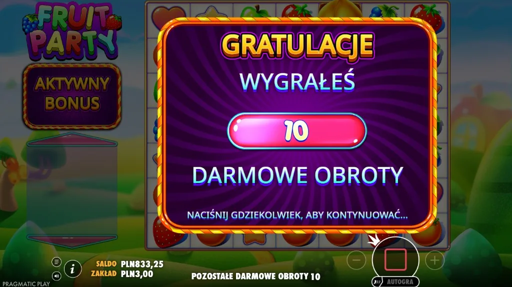 Ekran startowy darmowych obrotów w Fruit Party, 10 obrotów