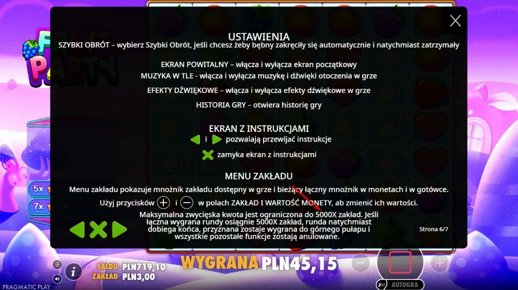 Opis limitu 5000x zakładu w ustawieniach Fruit Party
