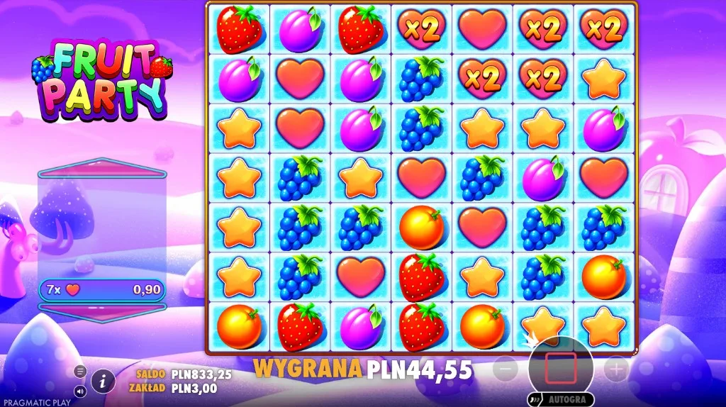 Mnożniki x2 na planszy w darmowych obrotach Fruit Party