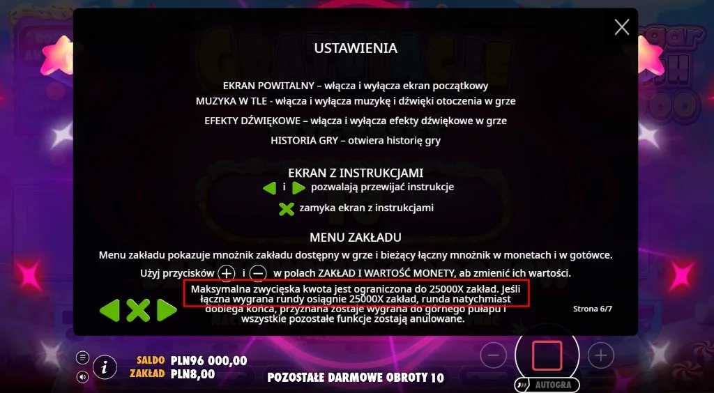 Opis limitu 25000x zakładu w ustawieniach Sugar Rush 1000
