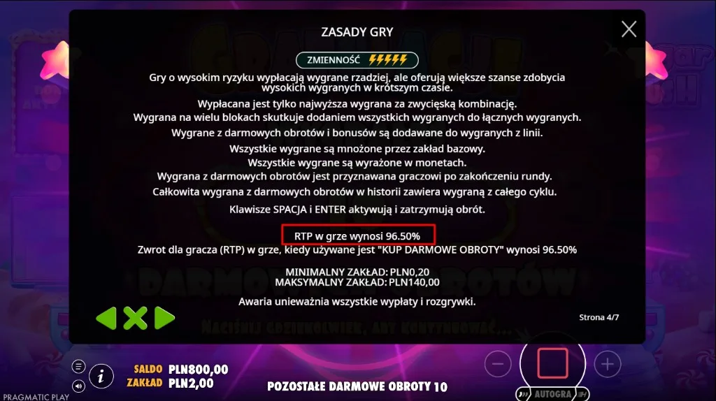 Zasady gry Sugar Rush z RTP 96.50% i zakresem zakładu