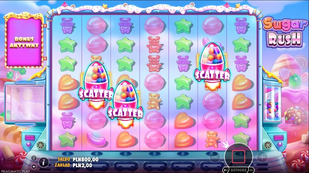 Scattery na planszy Sugar Rush i panel Bonus aktywny