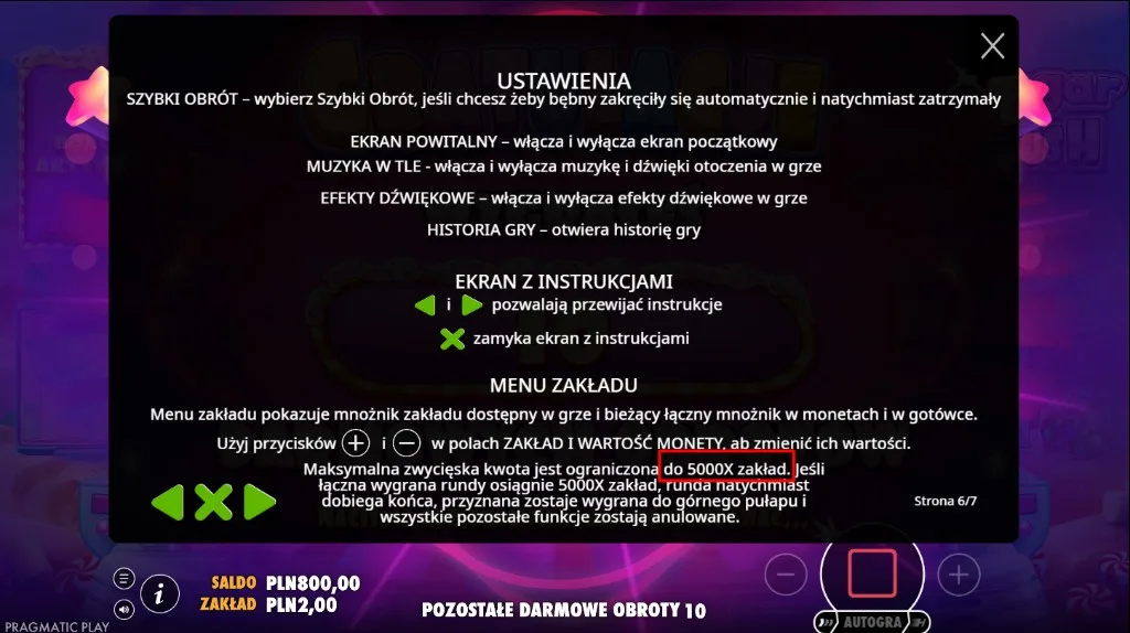 Opis limitu 5000x zakładu w ustawieniach Sugar Rush