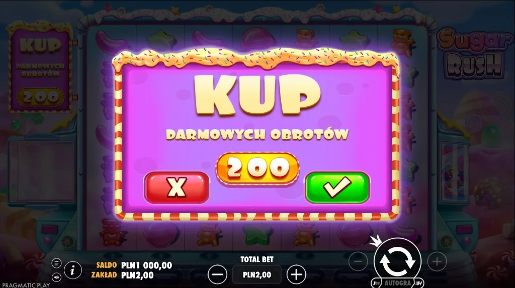 Okno zakupu darmowych obrotów w Sugar Rush za 200 zł