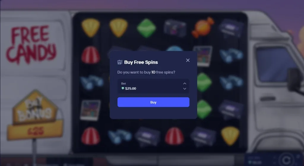 Okno Buy Free Spins w Groomer's Van, kupno 10 darmowych spinów